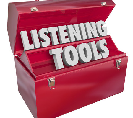 Tool box with words sitting in them saying: Listening Tools