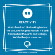 Blue square with quote icon and pledgetalk logo. Has excerpt from essay.